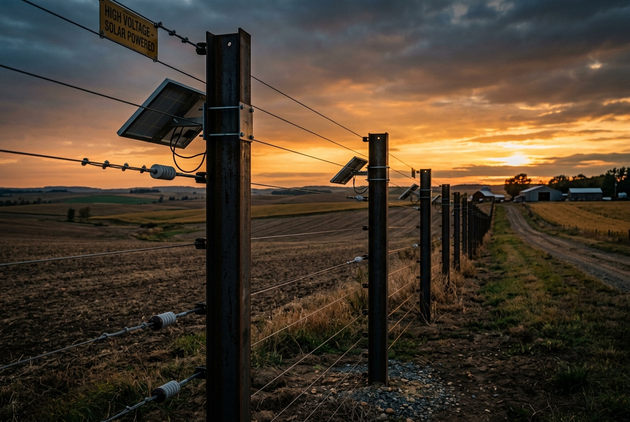 Solar powered farm perimeter fence at dusk